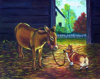 May include: A brown donkey with a pink halter stands in a barn stall with a brown and white corgi dog. The donkey is looking at the dog, who is looking at the donkey. The barn is dark and the stall is filled with hay.