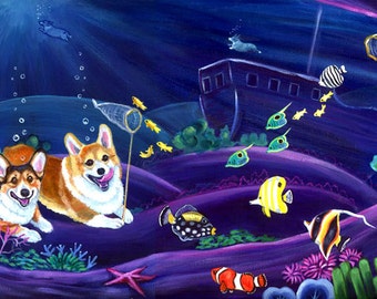 Pembroke Welsh Corgi Dog Collectible Giclée Fine Art Print Gift for Mom, Fantasy Art, Whimsical Colorful Beach Fish Art
