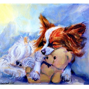 May include: A painting of a white and brown papillon dog sleeping with its head resting on a brown teddy bear. The dog's eyes are closed and its fur is fluffy. The background is a light blue color.
