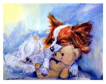 Papillon dog Giclee Fine Art Print Teddy Bear Hugs