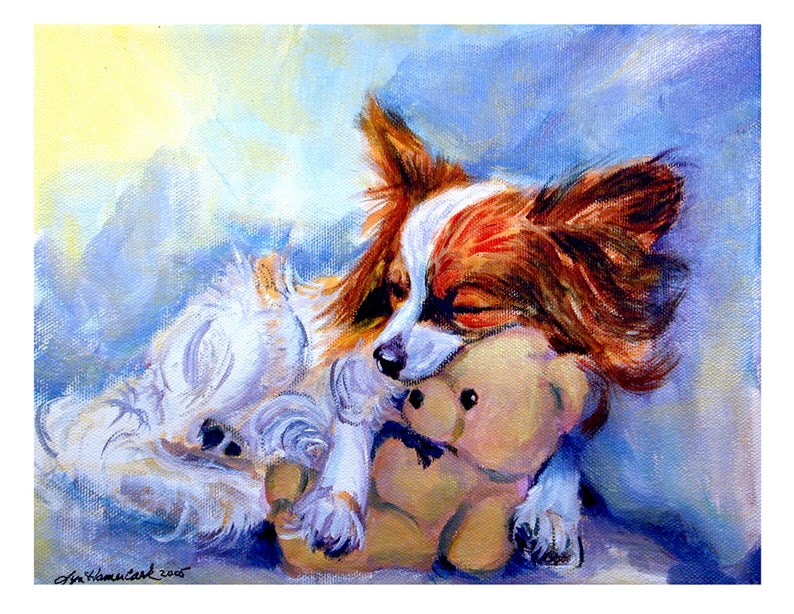 Papillon dog Giclee Fine Art Print Teddy Bear Hugs image 1