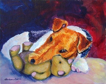 Wire Haired Fox Terrier Giclee Fine Art Print My Teddy Bear