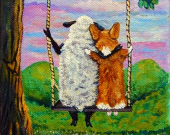 Pembroke Welsh Corgi dog and sheep Giclee Fine Art Print