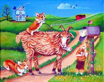 Pembroke Welsh Corgi Puppy Dog Folk Art Cutest Giclee Fine Art Print title Got Mail by Lyn