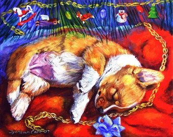 Pembroke Welsh Corgi adorable Giclee Fine Art Print Christmas Santa Dreams