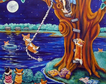 May include: A painting of a group of corgi dogs playing by a lake at night. The dogs are wearing pajamas and are playing with a rope swing. There is a full moon in the sky and stars in the background.