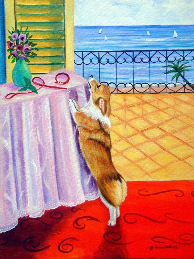 May include: An oil painting depicts a brown and white Corgi dog standing on its hind legs, looking up at a table. A red leash and collar rest on the table, next to a vase of flowers. The background shows a seascape with sailboats.