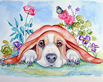 Basset Hound Giclee Fine Art Print from my original Watercolor Lazy Daze