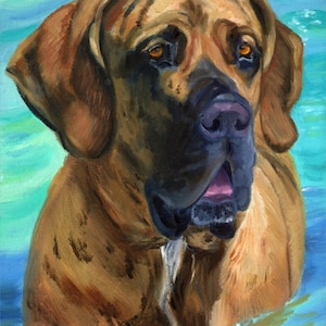 May include: A painting of a large brown dog with a black nose and amber eyes, emerging from blue water. The dog's fur is a mix of light and dark brown, and the water has a turquoise hue. The dog appears to be looking directly at the viewer.
