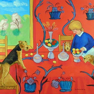 May include: A painting of a red dining room with a woman and three dogs. The woman is wearing a blue shirt and white skirt and is holding a bowl of fruit. The dogs are all brown and black and are sitting or standing around the table. The table is set with a white tablecloth and a vase of flowers. The walls are decorated with floral wallpaper and there is a window in the background.