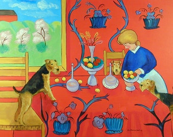 Airedale Terrier Dog Giclee Fine Art Print Harmony in Red Kitchen