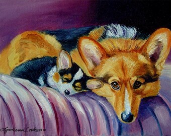 Pembroke Welsh Corgi dog and puppy Giclee Fine Art Print titled Innocence