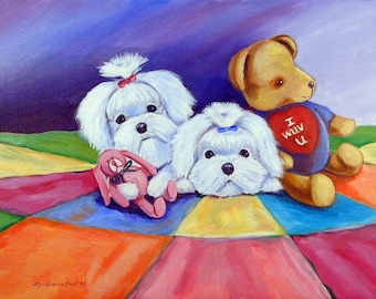 May include: Two white Maltese dogs and a brown teddy bear with a blue shirt and a red heart that says "I WUV U" are lying on a colorful patchwork quilt.