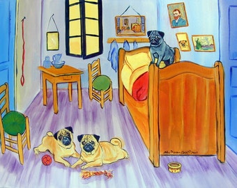 Pug Adorable Dog Giclee Art Print Pugs in Vincent's Room after Van Gogh