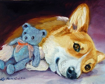 Pembroke Welsh Corgi Dog Giclée Fine Art Print, Collectible, Gift, Puppy Portrait, teddy bear