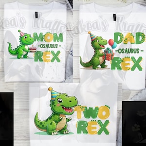 May include: Three white t-shirts with a green dinosaur graphic and text. The first shirt says "Mom-osaurus Rex", the second says "Dad-osaurus Rex", and the third says "Two Rex".