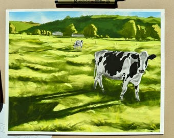 Colorful Cows in pasture Echo Lake Vermont Wall Art, Playful Decor, Whimsical Art, Giclee Print from Original Painting by Kate Ives Art