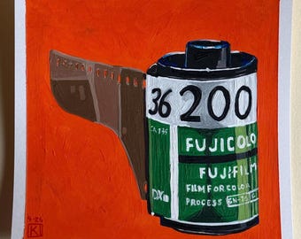 Original Fujii Film Canister 6x6 Gouache and acrylic Artwork | photographer Gift | retro Nostalgia Art signed by artist