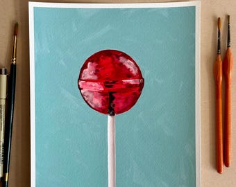 Colorful Red Lollipop Wall Art, Playful Decor, Whimsical Art, Bright Artwork, Giclee Print from Original Painting by Kate Ives Art