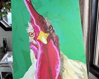 Colorful Chicken rooster hen Wall Art, Playful Decor, Whimsical Art, Bright Artwork, Giclee Print from Original Painting by Kate Ives Art