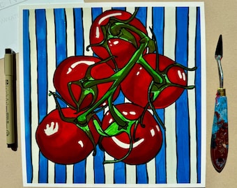 Colorful Summer Tomatoes Wall Art, Playful Decor, Whimsical Art, Bright Artwork, Giclee Print from Original Painting by Kate Ives Art
