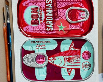 Colorful Vintage Sardine Tins Wall Art, Playful Decor, Whimsical Art, Bright Artwork, Giclee Print from Original Painting by Kate Ives Art