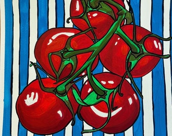 Colorful Original gouache painting, Summer Tomatoes, signed by artist Kate Ives