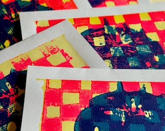 Blue Tomato on Checks Notecard Set, Hand painted and block printed, Gourmet Food Stationery Set