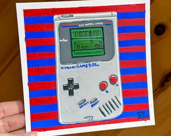 Original Game Boy Painting | Tetris Retro Wall Art | 6x6 Gouache Acrylic Nintendo Artwork | Gamer Gift | 90s Nostalgia Art signed by artist