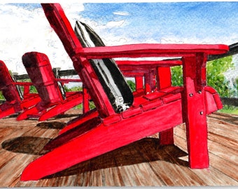 Colorful Original watercolor painting, Deck chairs, signed by artist Kate Ives
