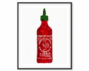Colorful Sriracha hot sauce Wall Art, Playful Decor, Whimsical Art, Bright Artwork, Giclee Print from Original Painting by Kate Ives Art