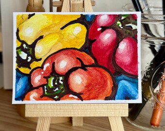 Bell Pepper Painting ACEO, Original Gouache Mini Art 2.5 x 3.5, Colorful Kitchen Decor, Farmers Market Food Art Gift Signed by artist