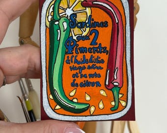 Sardine Tin ACEO Original Painting, Gouache Mini Art 2.5 x 3.5, Colorful Portuguese Food Art, Kitchen Wall Decor Gift Signed By Artist Kate
