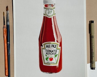Colorful Vintage Red Hein Ketchup bottle Wall Art, Playful Decor, Whimsical Art, Giclee Print from Original Painting by Kate Ives Art
