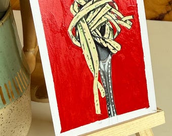 ACEO Original Painting Pesto Spaghetti Tiny Art Signed By Artist Kate Ives