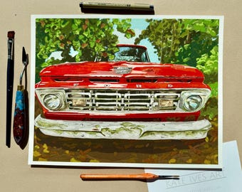 Colorful Red classic truck Wall Art, Playful Decor, Whimsical Art, Bright Artwork, Giclee Print from Original Painting by Kate Ives Art