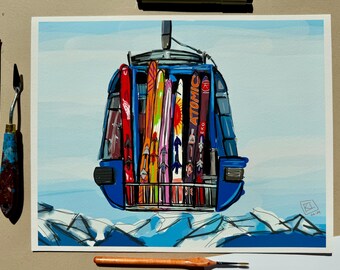 Colorful Blue Ski Gondola Wall Art, Playful Decor, Whimsical Art, Bright Artwork, Giclee Print from Original Painting by Kate Ives Art