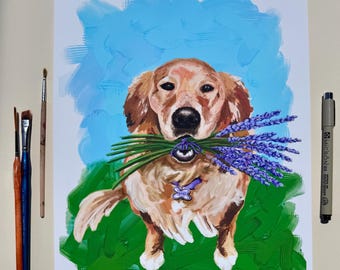 Colorful Golden Retreiver Dog Wall Art, Playful Decor, Whimsical Art, Bright Artwork, Giclee Print from Original Painting by Kate Ives Art