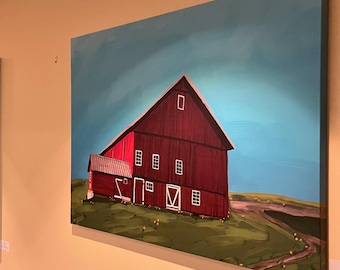 Colorful Red Barn Stowe,VermontWall Art, Playful Decor, Whimsical Art, Bright Artwork, Giclee Print from Original Painting by Kate Ives Art