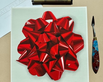 Colorful Big Red Bow Wall Art, Playful Decor, Whimsical Art, Bright Artwork, Giclee Print from Original Painting by Kate Ives Art