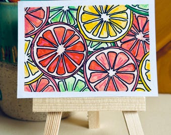 Citrus Slice Painting ACEO, Original Mini Gouache Art 2.5 x 3.5, Lemon Orange Fruit Art, Bright Kitchen Decor Gift Signed By Artist