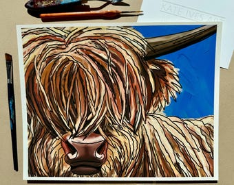 Colorful Scottish Highland Cow Wall Art, Playful Decor, Whimsical Art, Bright Artwork, Giclee Print from Original Painting by Kate Ives Art