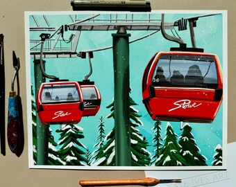 Colorful Vintage Red Ski Gondola Stowe Vermont Art, Playful Decor, Whimsical Art, Giclee Print from Original Painting by Kate Ives Art