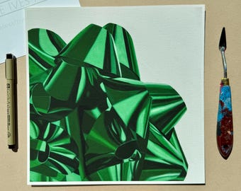 Colorful Big Green Gift Bow Wall Art, Playful Decor, Whimsical Art, christmas Artwork, Giclee Print from Original Painting by Kate Ives Art