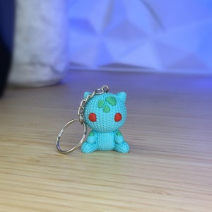 May include: A teal blue crocheted keychain with red eyes and green accents. The keychain is shaped like a small creature with a round body and short legs.