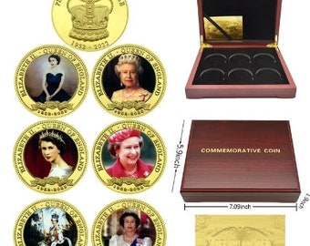 6x Queen Elizabeth II vergoldete Münzen mit hochwertiger Holz-Geschenkbox
