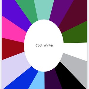 May include: A colour palette chart with a white circle in the centre and the text "Cool Winter". The chart features a variety of cool-toned colours, including shades of blue, purple, pink, and green, arranged in a radial pattern.