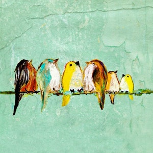 May include: A painting of seven colorful birds perched on a thin, dark line against a textured, light teal background. The birds vary in color, including yellow, brown, and blue, creating a whimsical and artistic scene.