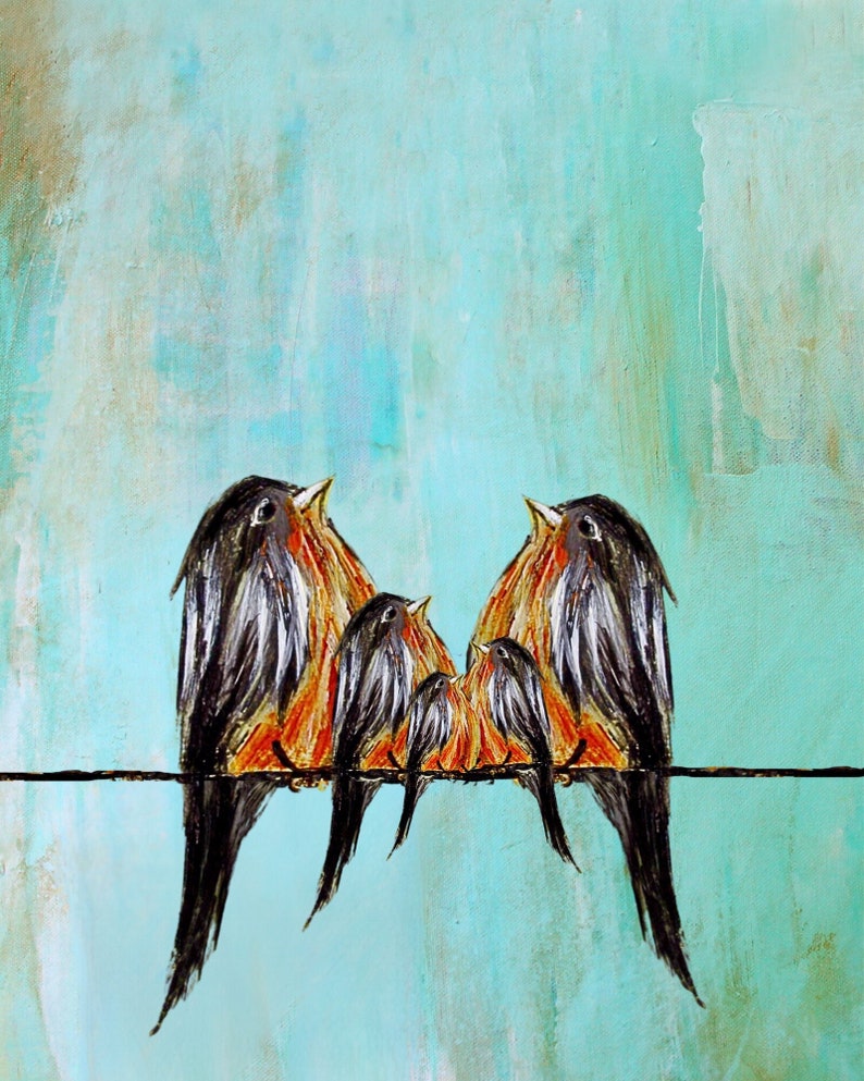 Family of Five Robins Robin Bird Family Portrait Family of Birds On A Wire Mum three babies art Gift for Mum Mother in law gift image 1