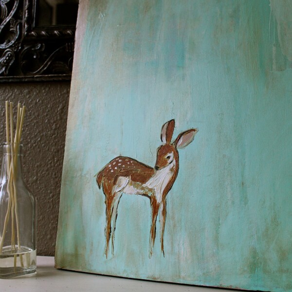 My Baby Deer (Large original painting, fawn with spots on aqua background for babys room)